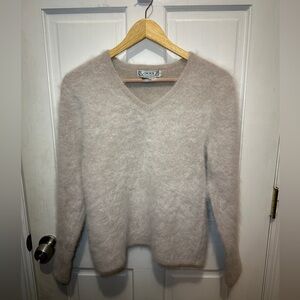 Vintage Choice Angora Rabbit Hair Fluffy Knit V-Neck Pullover Sweater Beige L.